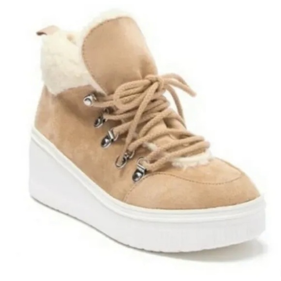 Madden Girl Shoes - MADDEN GIRL PLATFORM SHERPA LACE UP FAUX SUEDE SAND TAN ANKLE BOOTS SIZE 8